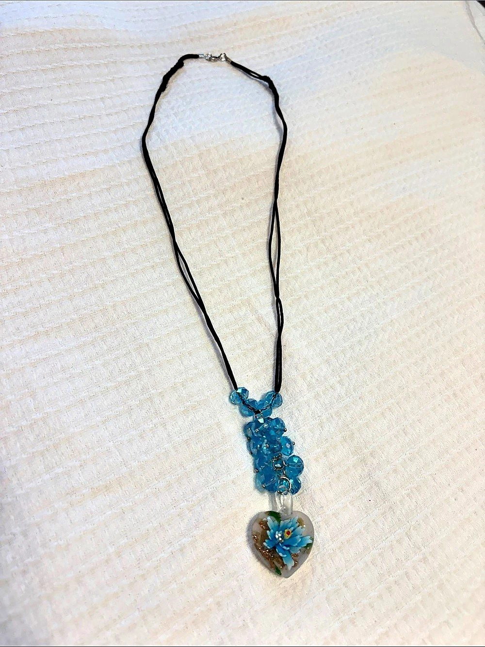 Blue Floral Heart Pendant Necklace